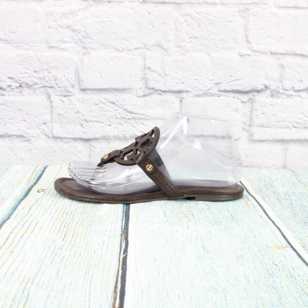 *Tory Burch Miller Brown Leather Logo Medallion Flip Flop Thong Sandals 8.5 Inch - Picture 2 of 9